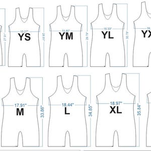 May include: Size chart for wrestling singlets, showing different sizes from extra extra small (XXS) to extra extra large (2XL) with corresponding chest measurements in inches.