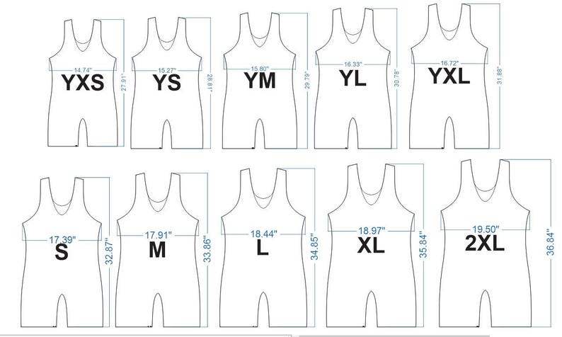 May include: Size chart for wrestling singlets, showing different sizes from extra extra small (XXS) to extra extra large (2XL) with corresponding chest measurements in inches.