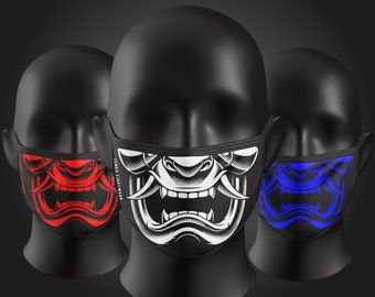 Oni Demon Face Mask with Filter Pocket - Reusable Face Coverings - Washable Flu Masks - Sublimated - Samurai - Devil Fangs - Youth & Adult