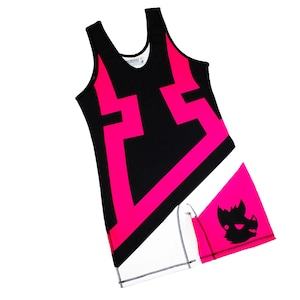 May include: A black and pink sleeveless wrestling singlet with a geometric design and a black and white logo on the side.