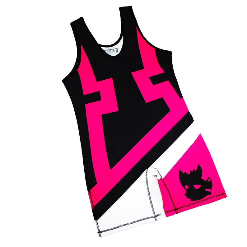 May include: A black and pink sleeveless wrestling singlet with a geometric design and a black and white logo on the side.