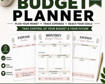 May include: A printable PDF budget planner with 11 pages, designed to help users plan their money, track expenses, and reach their goals. The planner includes expense trackers, monthly budget planners, and savings and goals planners. The pages are US Letter size, 8.5" x 11".