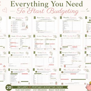 Pu&ograve; includere: Un set di 20 pagine di budget stampabili intitolate Everything You Need To Start Budgeting. Le pagine presentano accenti floreali in verde e rosa, con vari tracker per entrate, uscite, risparmi, bollette e debiti, oltre a un salvadanaio rosa.