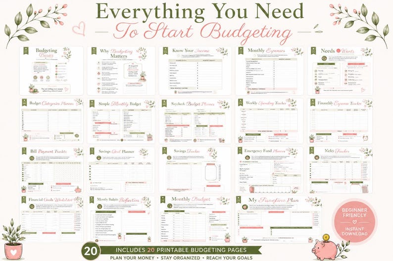 Pu&ograve; includere: Un set di 20 pagine di budget stampabili intitolate Everything You Need To Start Budgeting. Le pagine presentano accenti floreali in verde e rosa, con vari tracker per entrate, uscite, risparmi, bollette e debiti, oltre a un salvadanaio rosa.