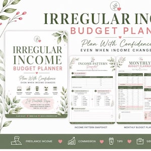 May include: An Irregular Income Budget Planner with 24 printable pages, featuring green leaf illustrations, pink hearts, and text including Plan With Confidence, My Income Pattern Snapshot, and Monthly Budget Planner with various financial tracking tables.