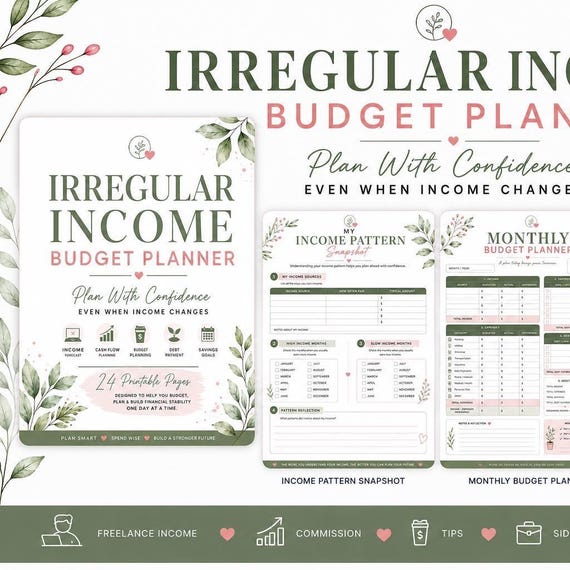 Irregular Income Budget Planner Printable PDF, Variable Income Budget Workbook, Cash Flow Planner, Freelance Budget Tracker