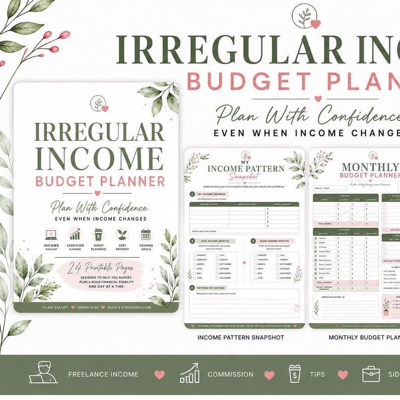 May include: An Irregular Income Budget Planner with 24 printable pages, featuring green leaf illustrations, pink hearts, and text including Plan With Confidence, My Income Pattern Snapshot, and Monthly Budget Planner with various financial tracking tables.