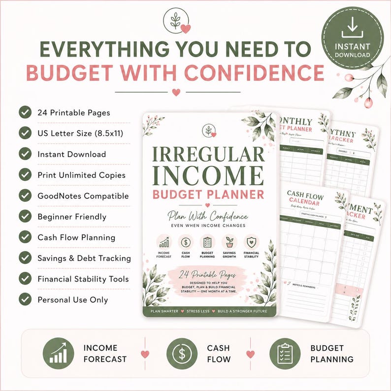 May include: A digital budget planner set featuring the text Irregular Income Budget Planner, Plan With Confidence, and Even When Income Changes. The layout includes icons for income forecast, cash flow, budget planning, savings, and financial stability.