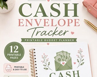 May include: A printable cash envelope tracker budget planner with spiral binding. The cover features the text "CASH ENVELOPE TRACKER" in green and pink, with illustrations of a green envelope containing cash, pink hearts, and floral sprigs.
