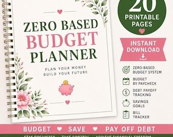 May include: A spiral-bound Zero Based Budget Planner with floral accents, featuring the text "Zero Based Budget Planner, Plan Your Money Build Your Future" and a pink piggy bank icon. The cover includes 20 printable pages and budget tracking tools.