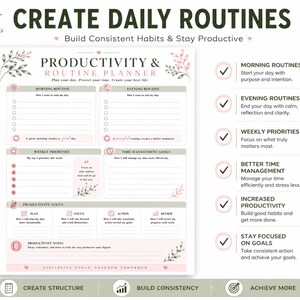 May include: A productivity and routine planner sheet featuring sections for morning and evening routines, weekly priorities, time management goals, and productivity focus. The design includes pink floral accents, lined writing spaces, and text prompts like Discipline Today Freedom Tomorrow.