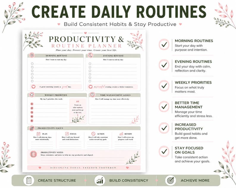 May include: A productivity and routine planner sheet featuring sections for morning and evening routines, weekly priorities, time management goals, and productivity focus. The design includes pink floral accents, lined writing spaces, and text prompts like Discipline Today Freedom Tomorrow.