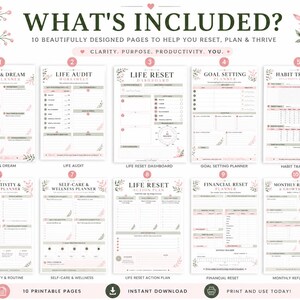 May include: A set of 10 printable planner pages titled WHAT'S INCLUDED? featuring sections for Vision & Dream, Life Audit, Life Reset Dashboard, Goal Setting, Habit Tracker, Productivity & Routine, Self-Care & Wellness, Action Plan, Financial Reset, and Monthly Reflection.
