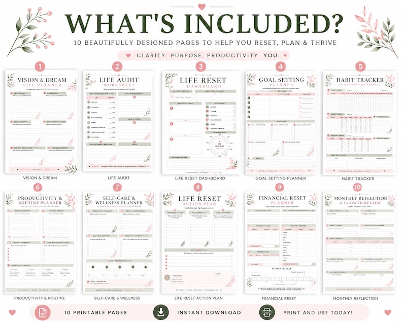 May include: A set of 10 printable planner pages titled WHAT'S INCLUDED? featuring sections for Vision & Dream, Life Audit, Life Reset Dashboard, Goal Setting, Habit Tracker, Productivity & Routine, Self-Care & Wellness, Action Plan, Financial Reset, and Monthly Reflection.