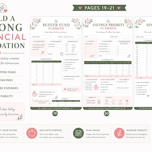 May include: A financial planner set featuring three pages titled Buffer Fund Planner, Savings Priority Planner, and Sinking Funds Planner. The pages include tables, checklists, and text in pink and dark green, decorated with floral illustrations and hearts.