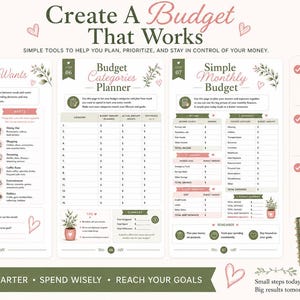 Pu&ograve; includere: Un modello di pianificatore di budget con tre sezioni: Bisogni vs Desideri, Pianificatore di categorie di budget e Budget mensile semplice. Il design include testo verde, accenti a forma di cuore rosa e illustrazioni botaniche. Include un piccolo taccuino verde, una calcolatrice rosa e una penna.