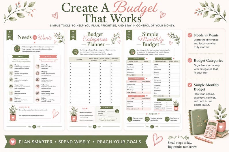 Pu&ograve; includere: Un modello di pianificatore di budget con tre sezioni: Bisogni vs Desideri, Pianificatore di categorie di budget e Budget mensile semplice. Il design include testo verde, accenti a forma di cuore rosa e illustrazioni botaniche. Include un piccolo taccuino verde, una calcolatrice rosa e una penna.
