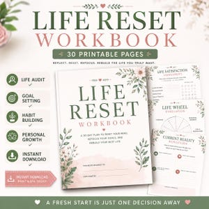 Peut inclure: Un cahier d'exercices Life Reset de 30 pages imprimables avec des illustrations florales, du texte vert et rose, et des sections pour l'audit de vie, les objectifs, les habitudes et la croissance personnelle. Inclut des pages d'évaluation et réflexion.