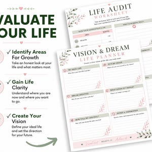 May include: A life planner and audit worksheet set featuring white paper with pink and green floral accents. The text includes EVALUATE YOUR LIFE, LIFE AUDIT WORKSHEET, and VISION & DREAM LIFE PLANNER, with sections for rating satisfaction, identifying growth, and setting goals.