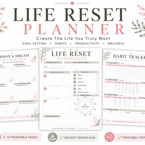 May include: A Life Reset Planner set featuring three printable pages with soft pink and grey floral accents. The pages include a Vision & Dream Life Planner, a Life Reset Dashboard with goal setting, and a Habit Tracker with progress circles.