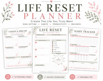 May include: A Life Reset Planner set featuring three printable pages with soft pink and grey floral accents. The pages include a Vision & Dream Life Planner, a Life Reset Dashboard with goal setting, and a Habit Tracker with progress circles.