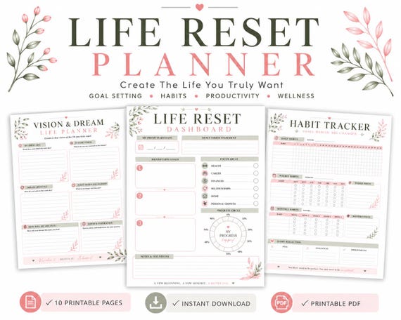 Life Reset Planner Printable PDF | Self Improvement Plan | Goal Setting Workbook | Habit Tracker | Personal Growth Planner | Wellness Plan