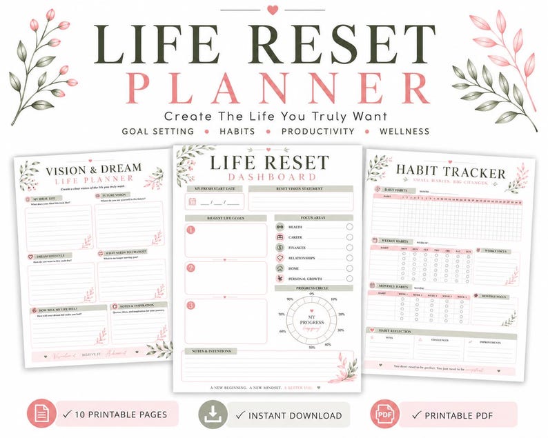 May include: A Life Reset Planner set featuring three printable pages with soft pink and grey floral accents. The pages include a Vision & Dream Life Planner, a Life Reset Dashboard with goal setting, and a Habit Tracker with progress circles.
