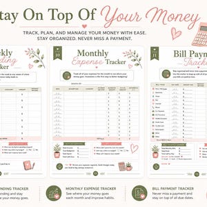 Pu&ograve; includere: Un set di pianificatore finanziario con tre pagine intitolate Weekly Spending Tracker, Monthly Expense Tracker e Bill Payment Tracker. Le pagine includono tabelle per tracciare le spese, colonne per date e importi e sezioni di riepilogo con accenti floreali.