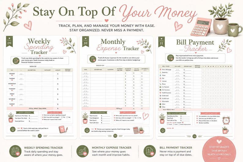 Pu&ograve; includere: Un set di pianificatore finanziario con tre pagine intitolate Weekly Spending Tracker, Monthly Expense Tracker e Bill Payment Tracker. Le pagine includono tabelle per tracciare le spese, colonne per date e importi e sezioni di riepilogo con accenti floreali.