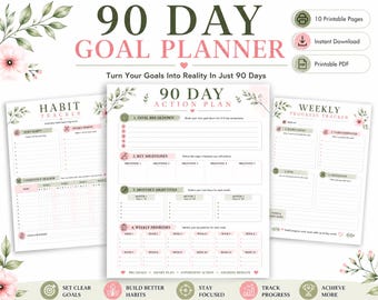 90 Day Goal Planner, Habit Tracker, Productivity (Digital Download)