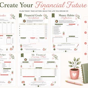 Pu&ograve; includere: Un set di pianificazione finanziaria con cinque pagine stampate intitolate Debt Tracker, Financial Goals Worksheet, Money Habits Reflection, Monthly Budget Review e My Financial Success Plan. Include una calcolatrice rosa, una penna e una pianta in vaso.