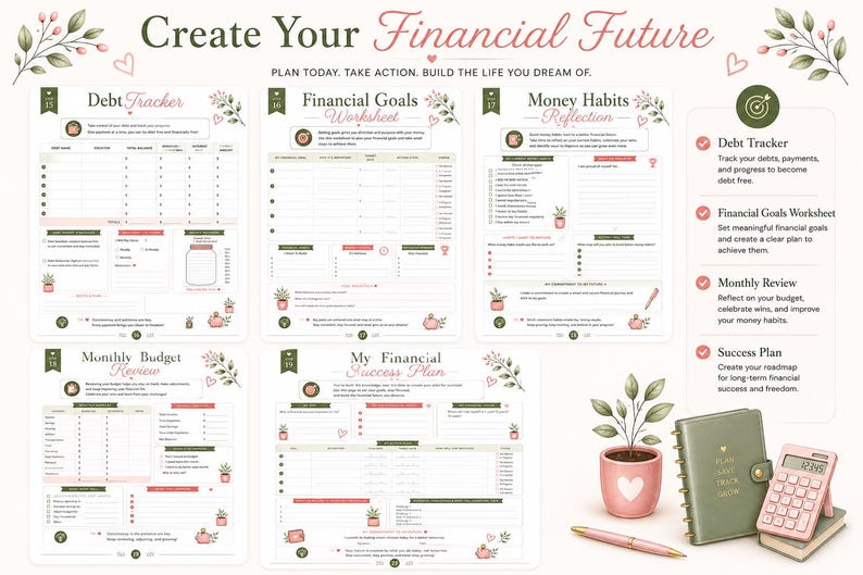 Pu&ograve; includere: Un set di pianificazione finanziaria con cinque pagine stampate intitolate Debt Tracker, Financial Goals Worksheet, Money Habits Reflection, Monthly Budget Review e My Financial Success Plan. Include una calcolatrice rosa, una penna e una pianta in vaso.