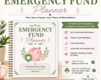 May include: An Emergency Fund Planner with a spiral binding, featuring the title "Emergency Fund Planner" in pink and green. The cover includes a pink piggy bank illustration and text: "A little preparation today creates peace of mind tomorrow."