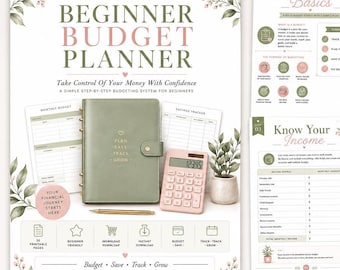 May include: A beginner budget planner set featuring a sage green binder with gold text, a light pink calculator, a gold pen, and printed budget sheets. The cover displays the text THE BETTER PLAN CO. BEGINNER BUDGET PLANNER and floral accents.