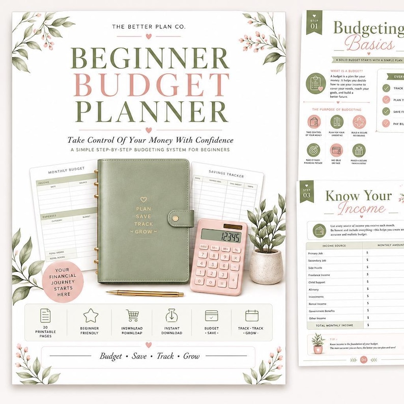 Pu&ograve; includere: Un set di pianificazione del budget per principianti con un raccoglitore verde salvia con testo dorato, una calcolatrice rosa chiaro, una penna dorata e fogli di budget stampati. La copertina mostra il testo THE BETTER PLAN CO. BEGINNER BUDGET PLANNER.