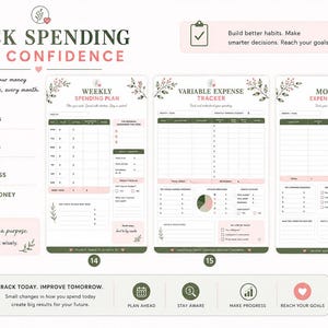 May include: A financial planning set featuring three printable sheets: Weekly Spending Plan, Variable Expense Tracker, and Monthly Expense Tracker. The design includes floral accents, pink hearts, and text prompts for tracking income, expenses, and savings goals to manage money effectively.