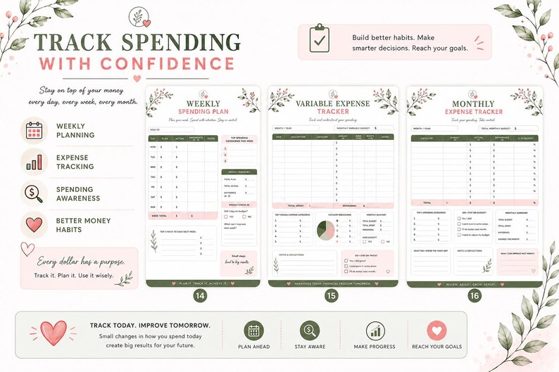 May include: A financial planning set featuring three printable sheets: Weekly Spending Plan, Variable Expense Tracker, and Monthly Expense Tracker. The design includes floral accents, pink hearts, and text prompts for tracking income, expenses, and savings goals to manage money effectively.