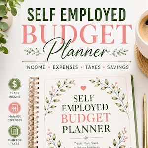 May include: A spiral-bound self-employed budget planner with a white cover featuring green and pink text, floral illustrations, and a small heart. The planner includes sections for tracking income, managing expenses, and planning for taxes.