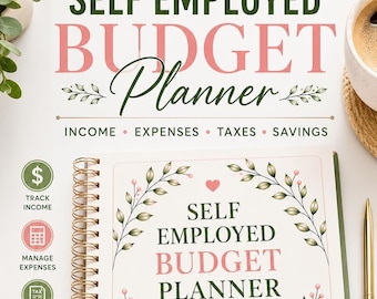 May include: A spiral-bound self-employed budget planner with a white cover featuring green and pink text, floral illustrations, and a small heart. The planner includes sections for tracking income, managing expenses, and planning for taxes.