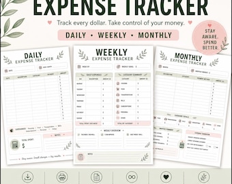 May include: A 5-page expense tracker bundle with daily, weekly, and monthly layouts. The design includes space for tracking expenses, categories, and totals. The text reads "Track every dollar. Take control of your money."