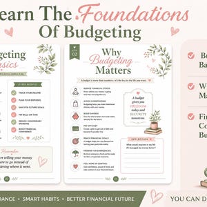 Pu&ograve; includere: Una guida educativa alla gestione del budget di due pagine intitolata Learn The Foundations Of Budgeting. Le pagine presentano sezioni sulle basi del budget e sulla sua importanza, decorate con foglie verdi, cuori rosa e piante in vaso.