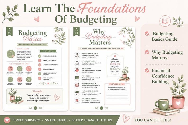 Pu&ograve; includere: Una guida educativa alla gestione del budget di due pagine intitolata Learn The Foundations Of Budgeting. Le pagine presentano sezioni sulle basi del budget e sulla sua importanza, decorate con foglie verdi, cuori rosa e piante in vaso.
