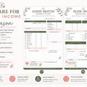 May include: A financial planning template set featuring two distinct sheets titled Good Month Money Plan and Slow Month Survival Plan. The documents include sections for income, expenses, savings, and goals, decorated with botanical illustrations and pink hearts.
