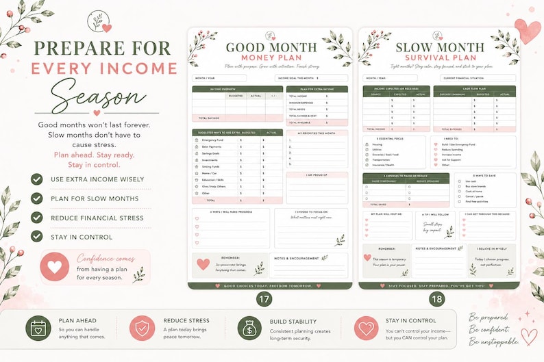May include: A financial planning template set featuring two distinct sheets titled Good Month Money Plan and Slow Month Survival Plan. The documents include sections for income, expenses, savings, and goals, decorated with botanical illustrations and pink hearts.