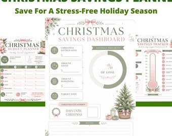 May include: A Christmas savings planner set featuring three printable pages with soft pink and green floral accents. The pages include a budget planner, a savings dashboard with a progress circle, and a savings tracker with a thermometer graphic.