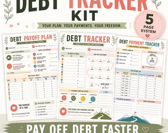 May include: A debt tracker kit with the text "DEBT TRACKER KIT" in large letters. The kit includes a debt payoff plan, a debt tracker, and a debt payment tracker. The text "PAY OFF DEBT FASTER" is also included.