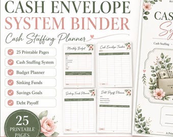 May include: A cash envelope system binder and cash stuffing planner featuring 25 printable pages. The white pages include sections for monthly budgets, cash envelope trackers, sinking funds, and debt payoff plans, decorated with pink floral accents.
