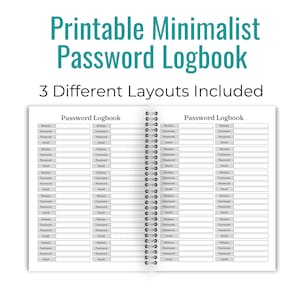 Minimalist Password Logbook Printable – Keep Your Passwords Secure and Organized. Choose From 3 Different Layouts
