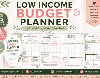 Low Income Budget Planner Printable PDF, Paycheck Budget Workbook, Bill Tracker, Grocery Budget, Savings & Debt Planner