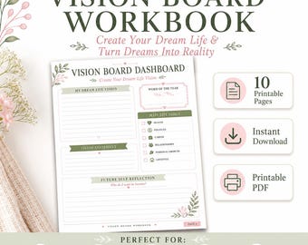 May include: A Vision Board Workbook with 10 printable pages, instant download, and printable PDF. The document features sections for My Dream Life Vision, Word of the Year, Main Life Goals, Vision Statement, and Future Self Reflection.